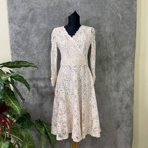 HJW Lacey Fairy Dainty Midi Dress women’s size M Ivory long sleeve surplice neck